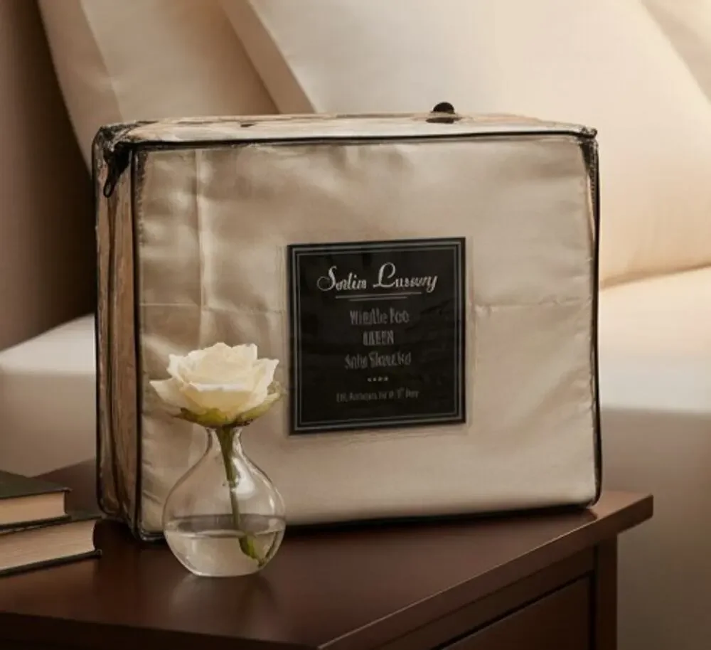 Keeco Queen Satin Sheet Set Wrinkle Free Tan Ivory Silky Soft Bedding New